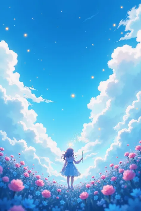 blue sky, White clouds floating in the distance, Standing on a sea of flowers, holding a fairy wand、There are fireflies flying around. The background is filled with cloud flowers of all sizes., Creates a dreamy, dreamy atmosphere with blue tones. High-defi...