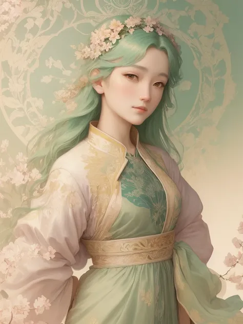 There is a picture of cherry blossoms.，There is a close-up of a flower in the middle，With leaves and flowers, Art Nouveau植物药, Art Nouveau, Inspired by Charles Morris DeMoult, James Jean & Alphonse Mucha, Inspired by Alexandre Cabanel, Alphonse Mucha in det...