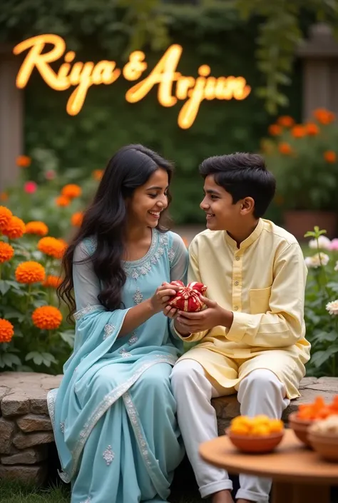 Outdoor garden setting for Raksha Bandhan. "Humeshwari" (18) and "omprakash" (16) sit cross-legged on a weathered stone bench surrounded by blooming marigolds and roses. Priya, in a pastel blue chiffon salwar kameez with silver embroidery, ties a rakhi on ...