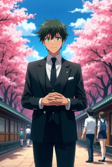 A man in a black suit and black tie is standing with his hands clasped., spike spiegel, with index finger, Yukio-e, JUJUTSU KAİSEN, Otaku de Ganga, Gendo Ikari smoking a joint, killua zoldyck black hair, beautiful anime pose, aramaki Shinji, Activate anime...