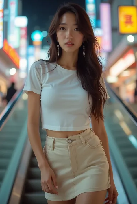 Japanese with long wavy brown hair、Large Breasts、White T-shirt、mini skirt、Im on an escalator、Medium build、Earrings、Cool beauty model