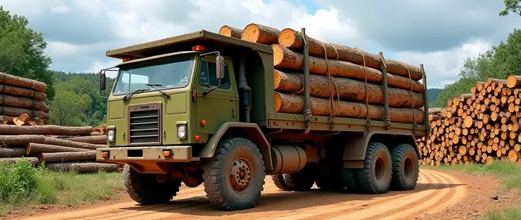 Image Description:
A robust truck, in olive green, is parked in a wooden yard. Its body, made of sturdy metal, is completely loaded with logs of various sizes. The logs, with rough bark and visible growth rings, are carefully stacked in several layers, sec...