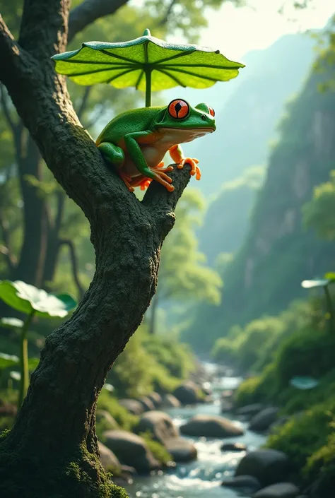 a frog on top of a thick, green tree，Ultra-realistic，High resolution，standing with a lotus leaf umbrella.，The background is a small stream deep in the mountains