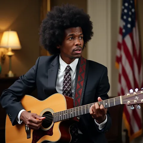 Federal Reserve Chairman Jerome Powell with an afro haircut playing guitar