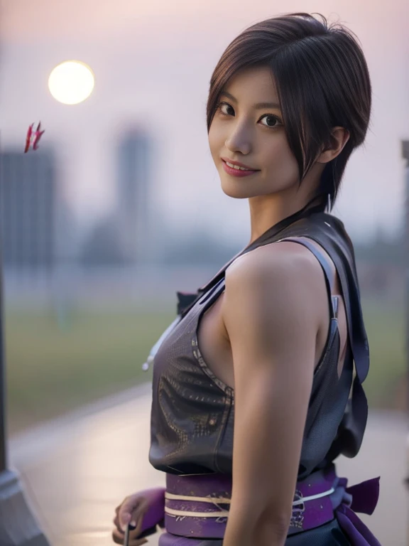 20 year old Japanese beauty，One woman、Muscular body like a bodybuilder、Emphasize the breasts、Slit eyes、A head-to-toe view，Bust is very very large、Full moon night in the background、High quality photos、Clear, crisp images of the lower body、Masterpiece 8k、Smi...