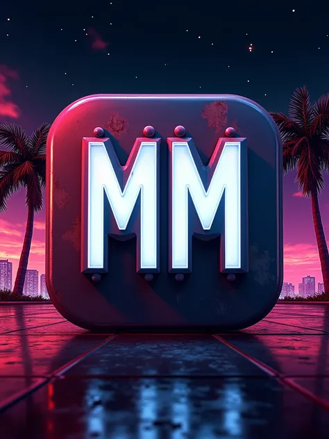 AppIcon logo for game name  metalic white text MM in Miami city gangster style gta5 art style