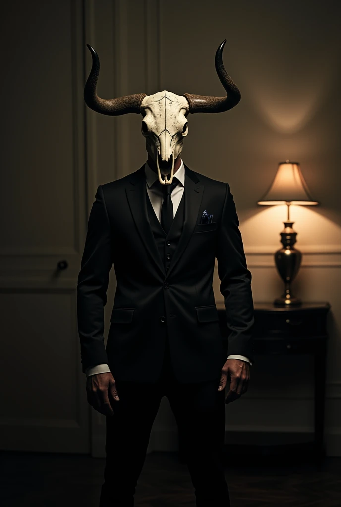 (anime:1.2), a man in a suit with a bull skull instead of a head, in a dark environment, with a dimly lit lamp behind him.