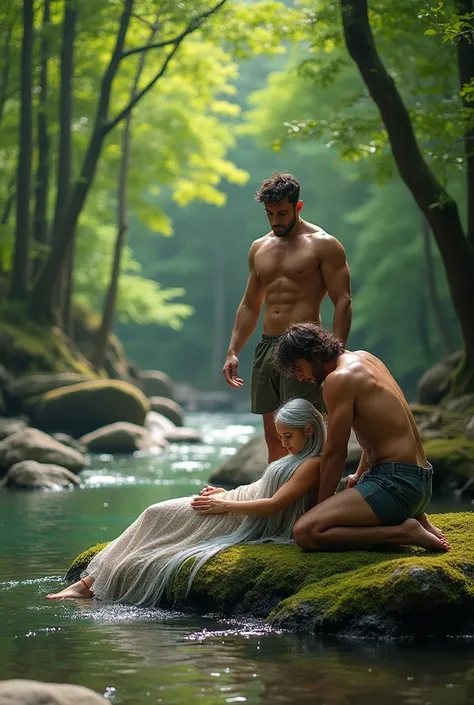 Create the image of a naked man in the middle of a river, another man performing oral sex on an elf