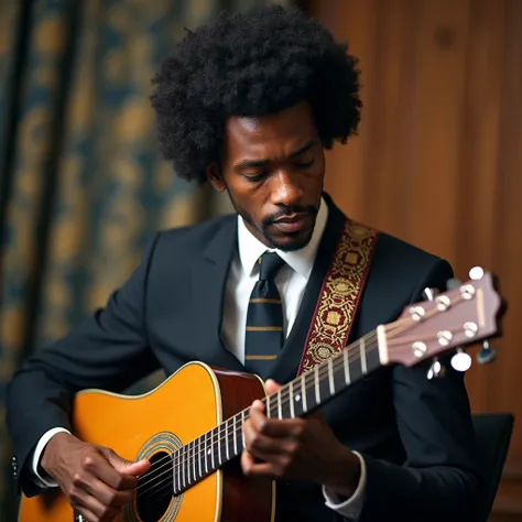 Federal Reserve Chairman Jerome Powell with an afro haircut withe skin playing guitar