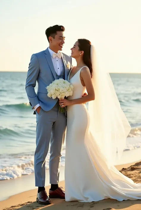 early morning，A newlywed couple held their wedding ceremony by the sea.。Asian Face，The man is wearing a light blue suit.，Wear a white bow tie，shirt with French cuffs.。wearing dark brown Oxford shoes，Black socks。
The lady wore a long-tailed wedding dress，We...