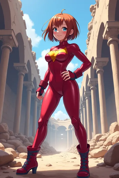 masterpiece, best quality, highres, hmochako, blush stickers, short hair, huge breasts, superhero, bodysuit, boots, ruins, building, fighting stance, hand on hip, wide hips, thick thighs ((curvy)), latex suit, sexy, smile, sensual ochaco uraraka
