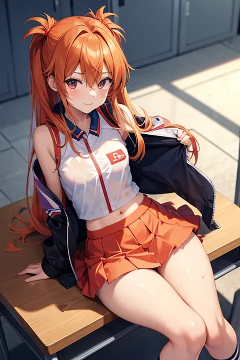 Shikinami Asuka Langley, Jacket, Cheerleader, Mini skirt, separate, See-through costume, Sit at a desk, Wide legged,  Sweat, spats, Half-dressed