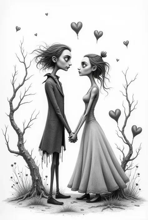 A Tim Burton-style pencil drawing with romance themes on a white sheet