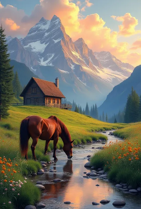 I need an image of a mountainous landscape where there is a house on a hill and a horse drinking water from a stream in front of the house.