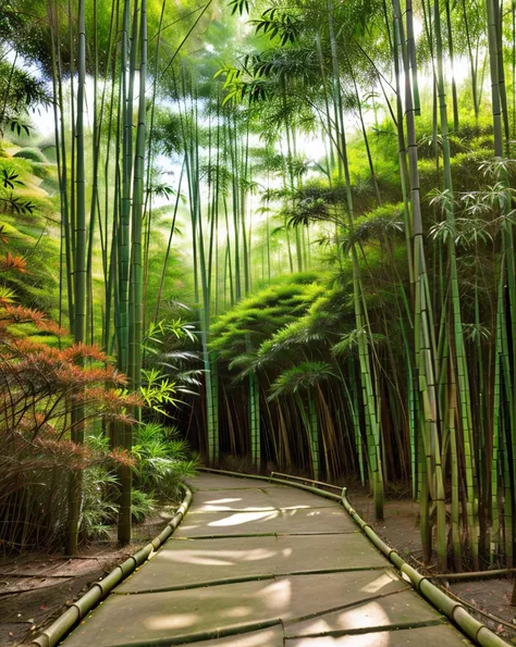 a lush bamboo forest, serene bamboo trees, detailed bamboo stalks and leaves, natural sunlight filtering through the bamboo, pea...