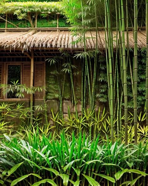 a lush bamboo forest, serene bamboo trees, detailed bamboo stalks and leaves, natural sunlight filtering through the bamboo, pea...