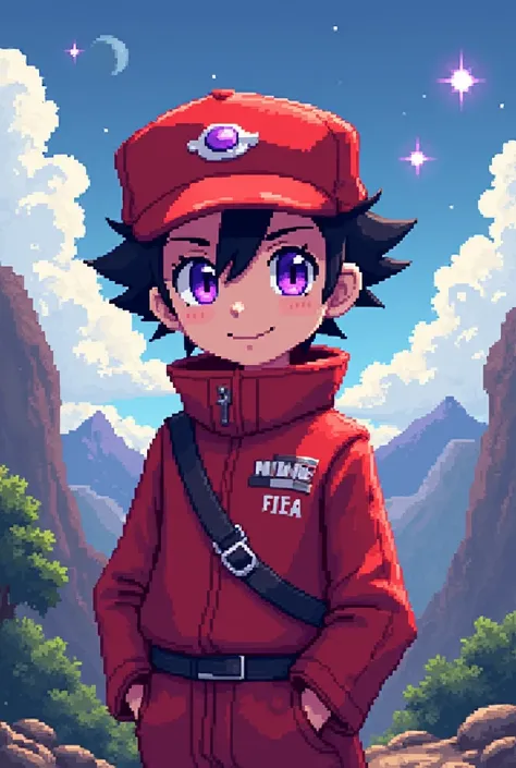 Create a character based on the protagonist of Pokémon: red, but with a red outfit, purple eyes and in an old video game format