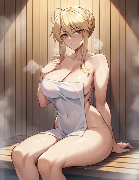 1 girl, Artoria Pendragon Lancer (fate grand order), small towel, big breasts, bare shoulders, hips, thighs, very sweaty, steam, looking at viewers, sitting, sauna, from the front