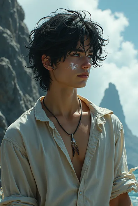 A teenage boy with long tangled black hair that covers his right eye, his visible eye pale, ice blue, with silvery white burn scars all over his neck and chest, wearing a thin linen shirt with three small feathers on a cord around his neck