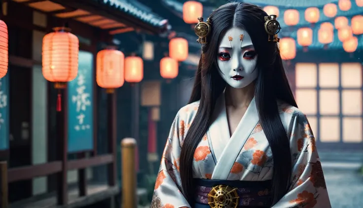 Steampunk Japanese Town、There are a lot of monsters behind、Full Body Shot、Horror-themed movie stills,、Calm, A female yokai with long hair wearing a pure white wedding kimono,（Head size 1:４) (Full body portrait:1.3), (Detailed evil face of a woman:1.4), I a...