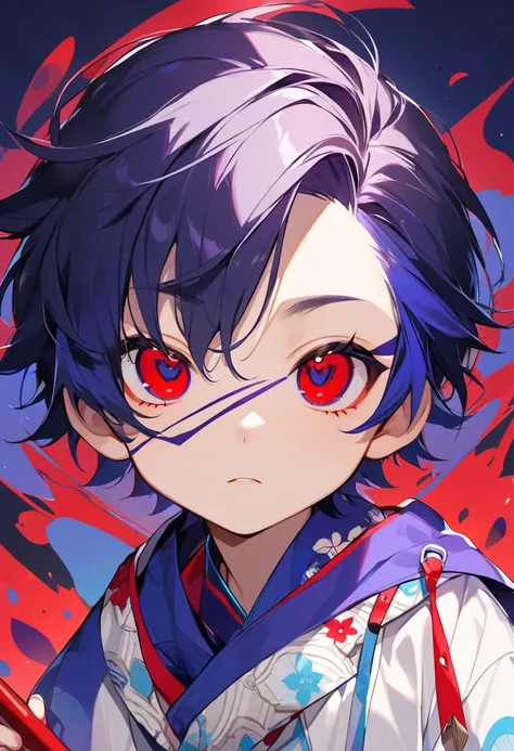 A Short and Straight Indigo Hair Boy with Choppy Bangs on the Forehead, Slanting Indigo Eyes Too, Bold Red Eyeliner Around the Eyes, Mischievous and Malicious Personality, Only Child, dark.