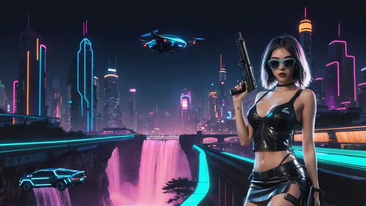 At night, simple outlined cyberpunk city, flying cars, neon waterfall, line art background. (1girl, solo), photo realistic, medium-breast:1.3 slim body, cleavage, sling top, miniskirt, black sunglasses, holding a short gun, half-body thigh level medium sho...