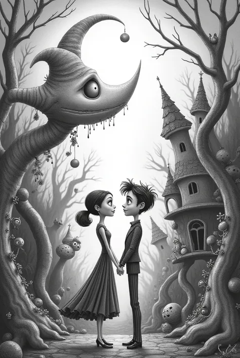 A Tim Burton style pencil drawing with a romantic touch