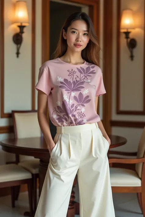 Female model. Modern style. Wearing a light pink short-sleeved round-neck T-shirt with Vietnamese ethnic brocade patterns in purple, white, and lotus pink. The shirt body is solid-colored with 2cm sleeves. Wide-leg, cream-colored A-line pants, side pockets...