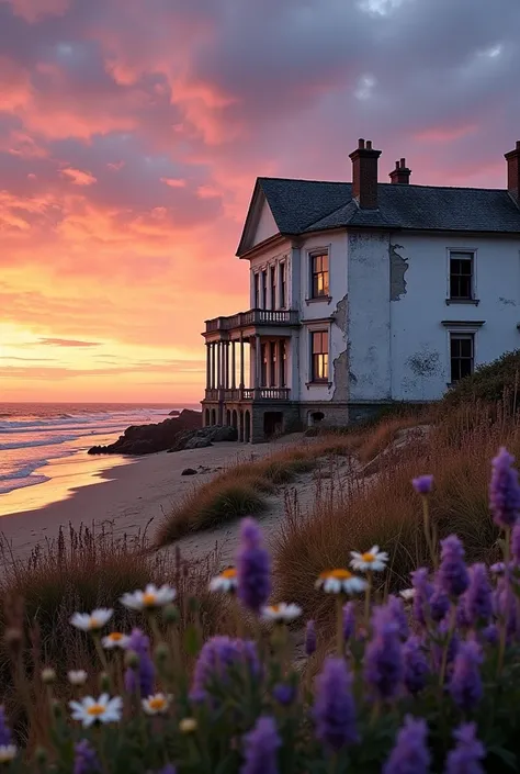 A faded white mansion surrounded by dried flowers at a beach sunset