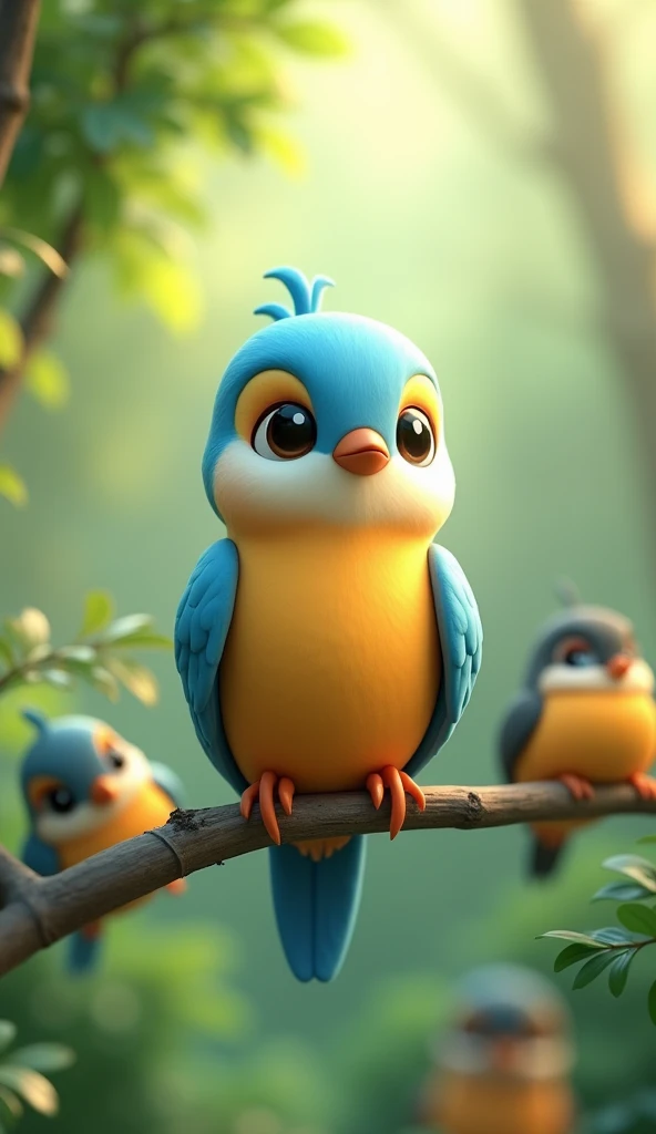 (masterpiece:1.2,Highest quality,High resolution),(Very detailed),8k,wallpaper,(Best illustrations,Anime Style),(Cute little bird mascot character:2.0),front,The kingfisher perched on the branch.、Surrounded by other birds in a sunlit forest。,(Isometric 3D ...