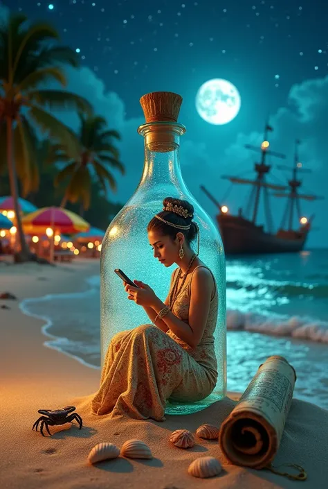 A photograph of a beautiful female genie donning ornated Middle Eastern gown, she is inside a clear quartz bottle playing a mobile game on her phone, with the bottle on beach sand, a tropical beach landscape, a curious crab beside it, a palm tree in the ba...