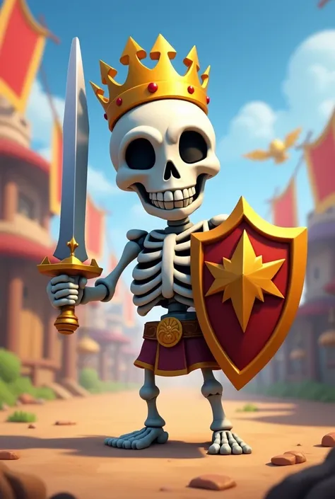 skeleton, not realistic, from the Clash Royale cartoon without balloons without a hood, with a crown, without your mouth open,.with a shield, and a sword