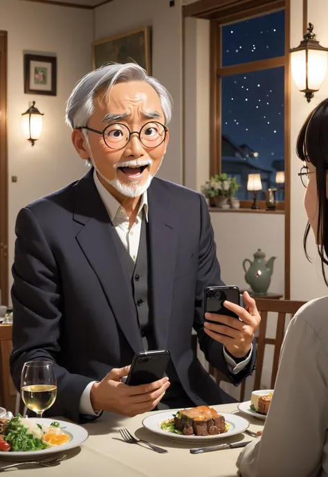 /imagine prompt: A man excitedly announces his marriage news on his phone screen, surrounded by the dim lights of the dinner table and an empty living room, by Hayao Miyazaki --niji 5  