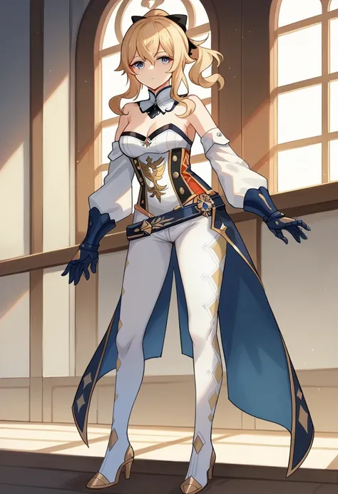 1 girl, Jean Gunnhildr, Genshin impact, strapless shirt, long blue tailcoa, pair of separate white sleeves, short blue and gold cloak attached to a white collar, white tights embroidered with a gold diamond-dot pattern, a pair of white high-heeled knee-hig...