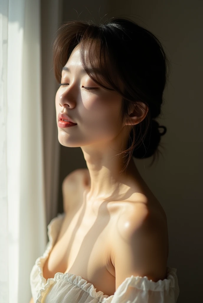 A nude Japanese woman in natural light、Chest close-up and calm expression.、It represents her inner peace and outer charm..。