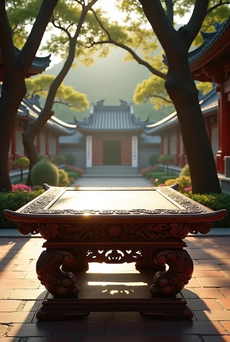 Detailed photo of a temple wooden table used for temple lotteries, cinematic lighting, 8K, realistic, highly detailed architectural elements, ancient Chinese culture, intricate carving details, sense of design, warm colors, natural light, serene atmosphere...