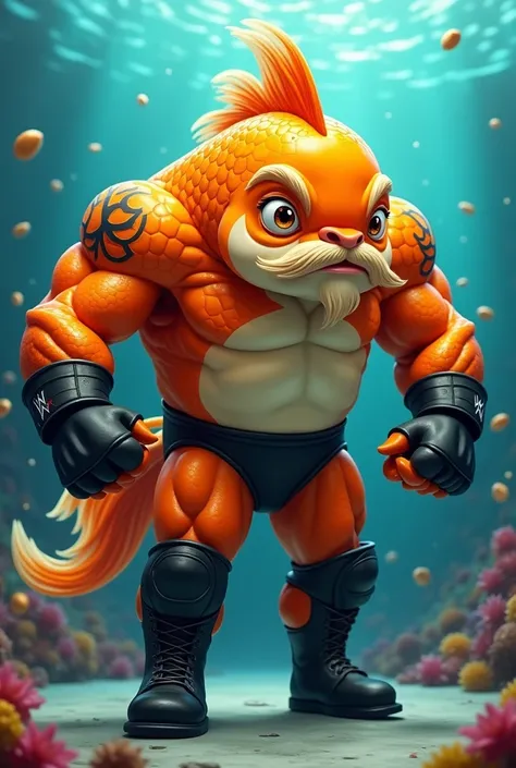 Cartoon goldfish dressed like WWE wrestler Goldberg , with a muscular body, arm tattoo, with blond mustache and goatee, a bald head and wearing black gloves, boots, and trunks 