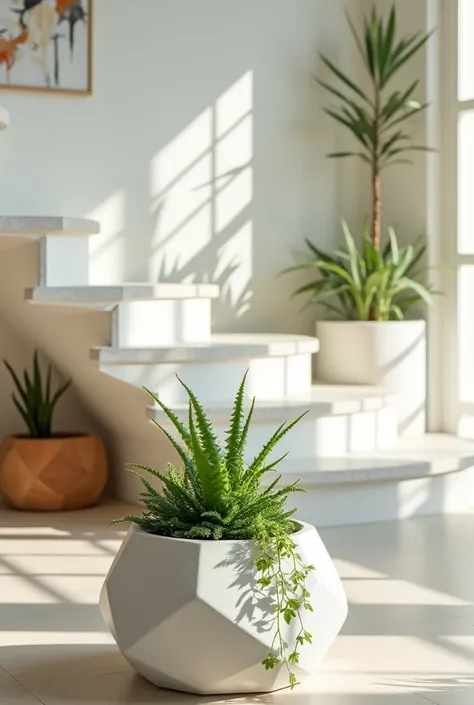 A modern small planter for the end of a staircase 