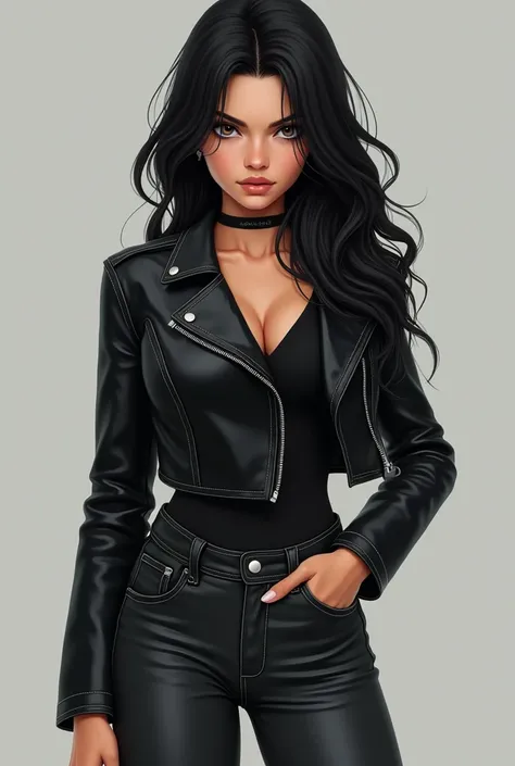 18 year old girl, silver eyes, long black wavy hair, She is dressed in a leather jacket and jeans, both in black tones., Your expression is serious and confident, Digital illustration of video game characters with a solid, neutral gray background
