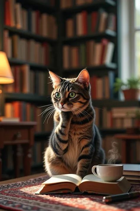 “A cat deep in thought. The cat is sitting with its front paw supporting its chin, gazing into the distance. The background is a quiet study room with bookshelves and a desk visible.”