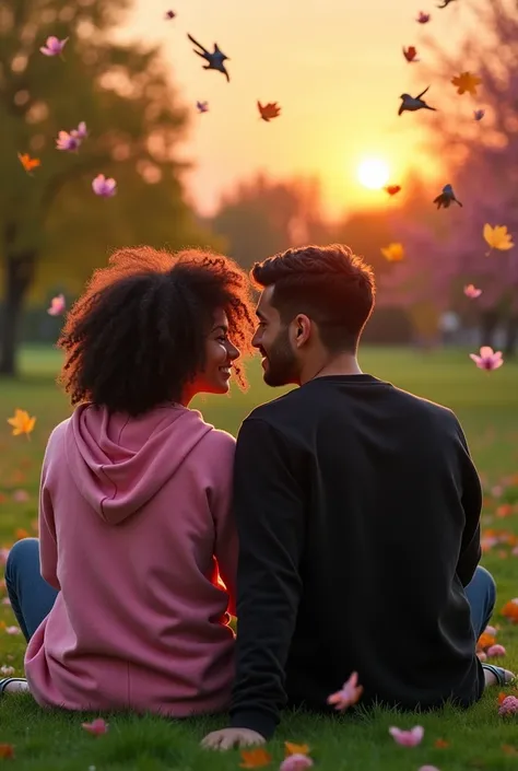 My boyfriend and I, I a woman with curly hair with 3b dark brown curl with glasses, wearing jeans and a pink sweatshirt with boots, my boyfriend with short, curly, dark brown hair, wearing a black sweater and black pants with flip-flops, watching the sunse...