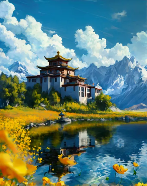 (best quality,4k,8k,highres,masterpiece:1.2),ultra-detailed,(realistic,photorealistic,photo-realistic:1.37),breathtaking landscape illustration, qinghai, thar temple, menyuan canola flower, qinghai lake, kunlun mountain, travel lover, stunning scenery, ser...