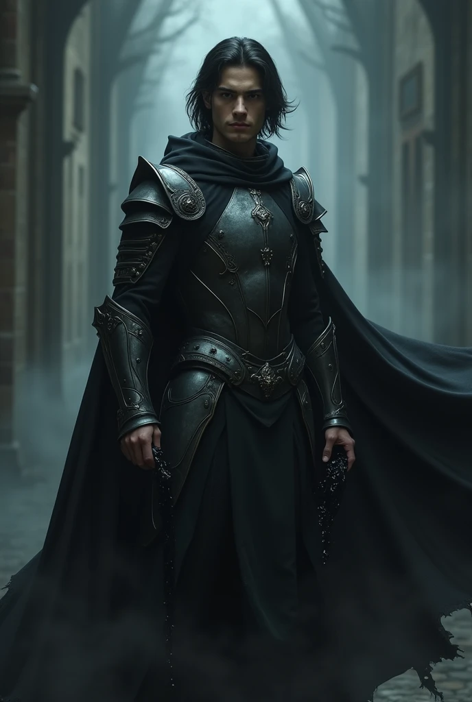 His hair is black, his skin is black, and he wears a nice black suit of armor. a young man with a beautiful face. He has a black cloak. His eyes are serious, his face is serious. He has a black slimy substance in his hand.