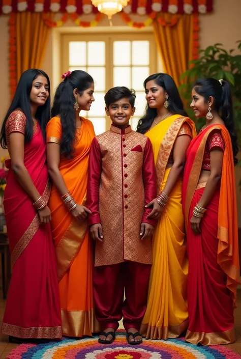 Generate a rakshabandhan image one boy and  four Girls
Boy is age of 19 and sisters are above 20
All sisters are in maharastrian saree
And brother in maharastrian soot