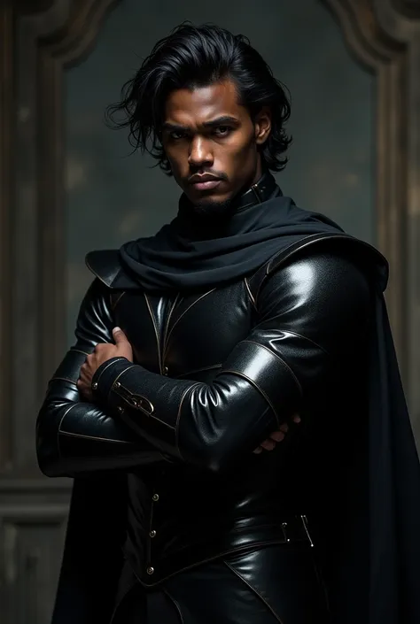 His hair is black, his skin is black, and he wears a nice black suit of armor. a young man with a beautiful face. He has a black cloak. His eyes are serious, his face is serious. He has a black slimy substance in his hand.