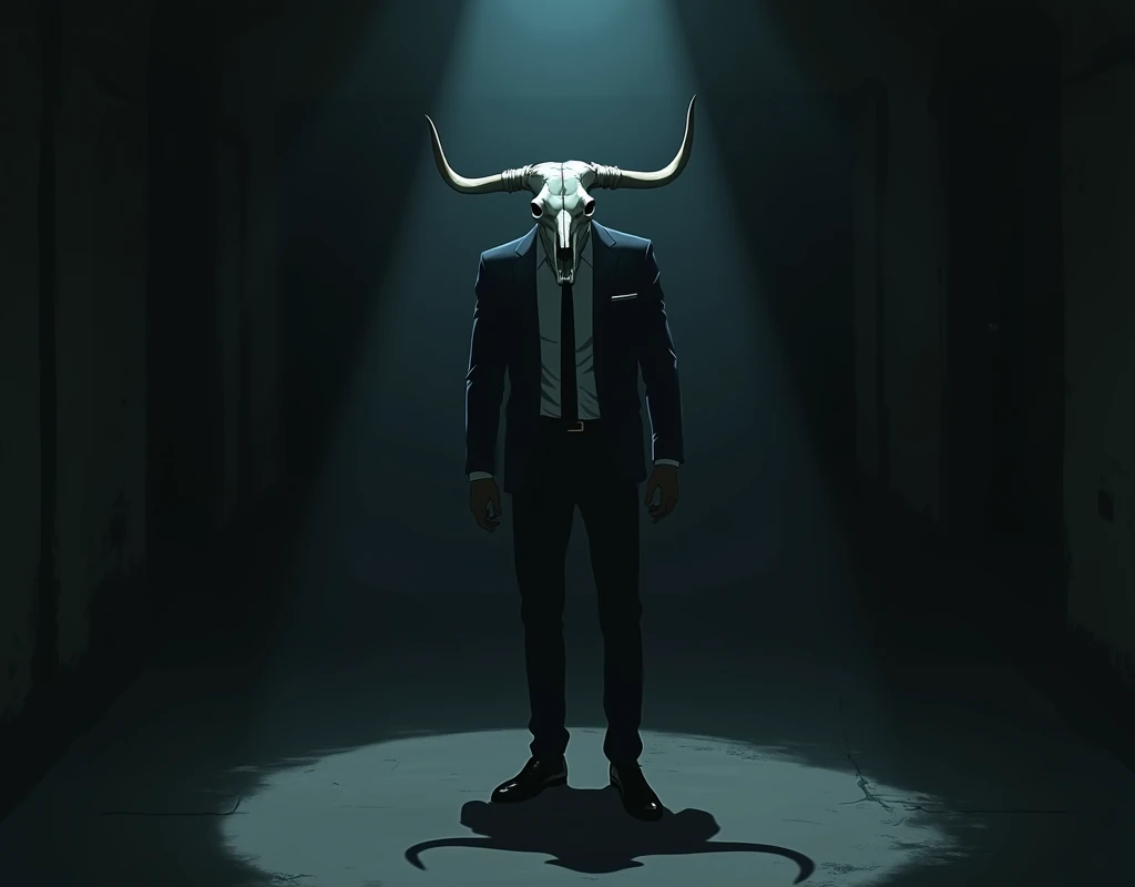 (anime:1.2), A man in a suit with a slightly cracked bull skull instead of a head in a very dark environment., with a very dim light behind him.