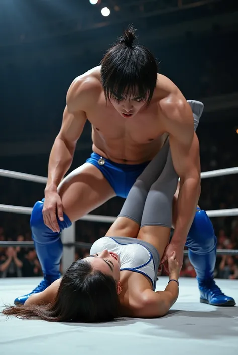 NSFW,(8k, Realistic, RAW Photos,close shot,Highest quality: 1.4),A professional wrestling match between a giant male wrestler and a female wrestler,The female wrestler is 22 years old.Slim and busty Japanese,Beautiful long hair,The shiny white and blue cos...