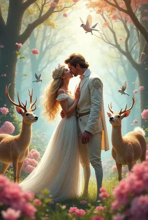 Big beautiful wonderland blonde hair princess kissing perfect tall and so handsome prince white horse stand by them and around them have beautiful animals in dream world 