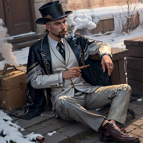 Arafed sits on the ground and smokes a cigarette, Encho Enchev, Leonid, andrey surnov, Vitaly Bulgarov, with a cigar, Andrey Ryabovicheva, Azimov, Vitaly Bugarov, dmitry prozorov style, Alexey Gurylev, Maxim Shirkov, Ilya Vivishinov&#39;s style