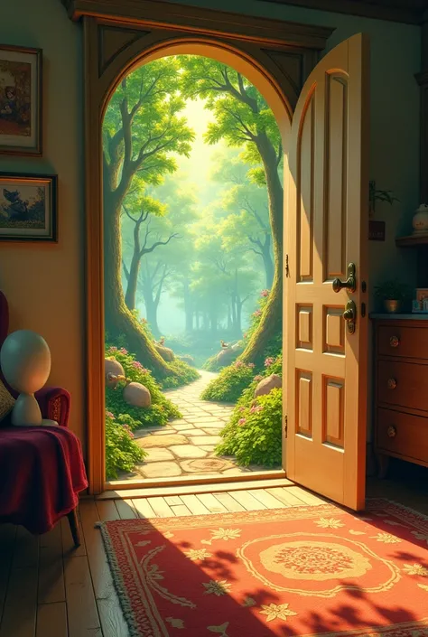 The interior of a room in a house with an animated closed door, where the other half of the image is the exterior of the house and you can see an animated forest 
